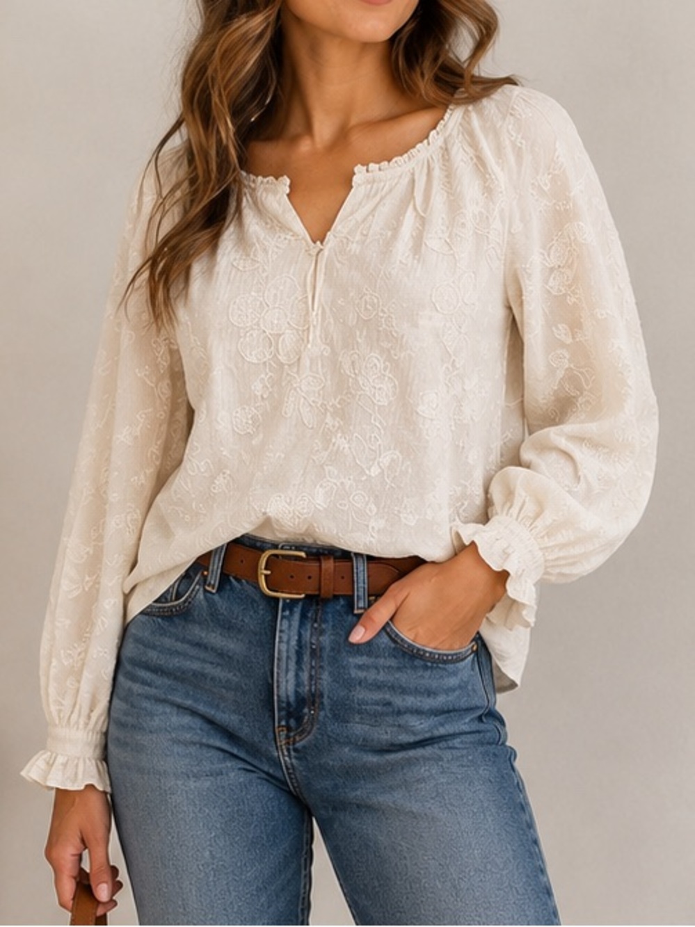 Solitaire Cream Embroidered Peasant Blouse Boho Cottagecore Long Sleeve L NWT